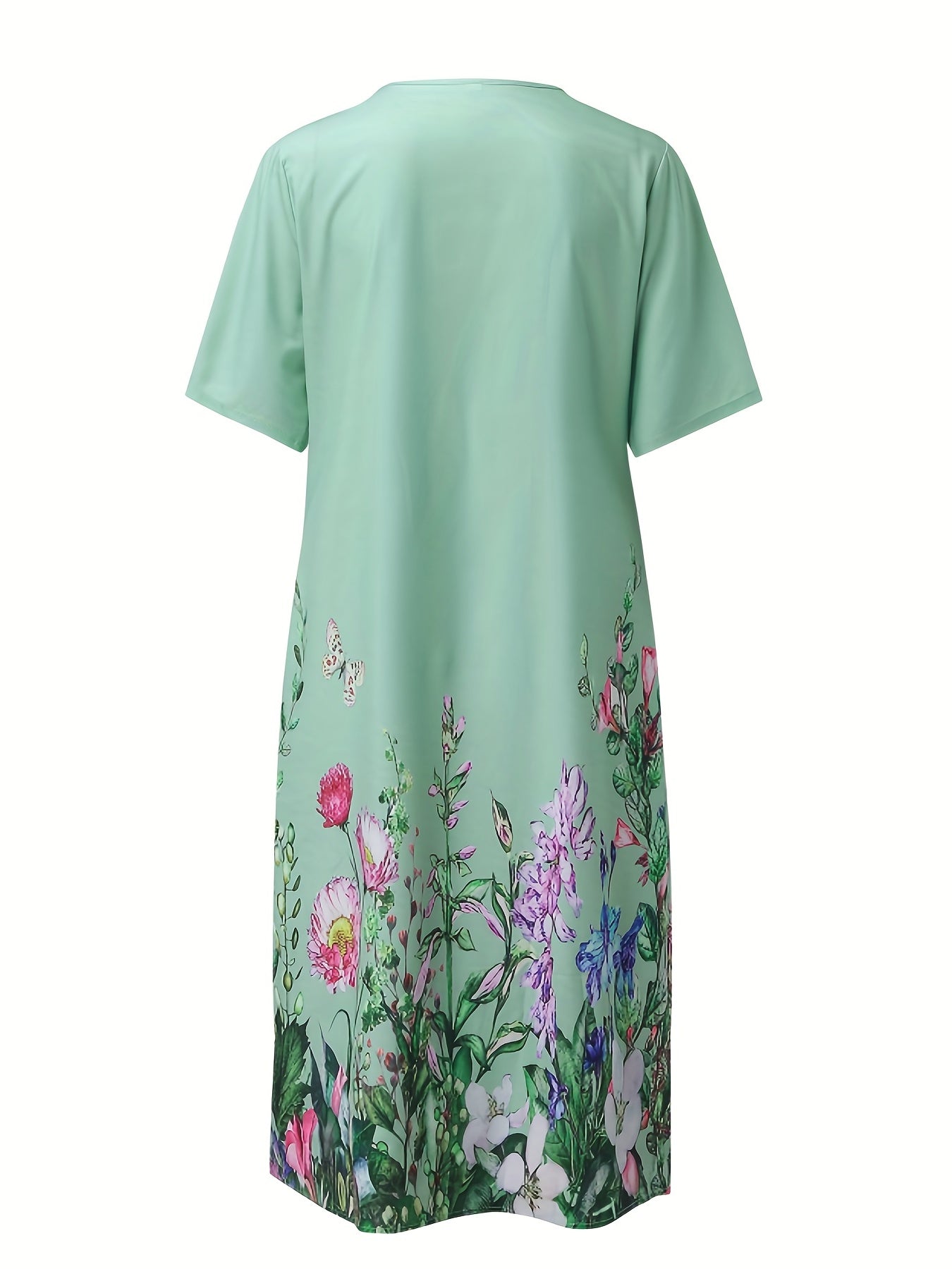 Floral Print Pleated Front Dress Short Sleeve Dual Pockets