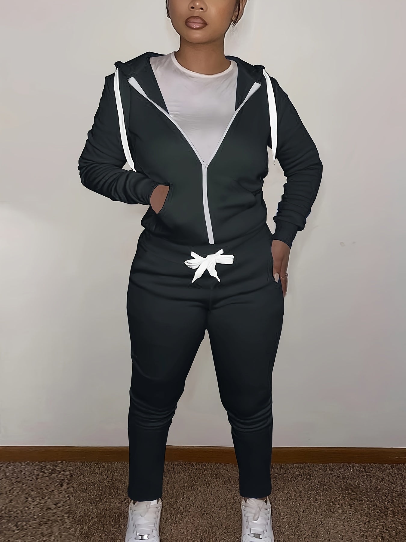 Sporty Outfit Set Women Solid Long Sleeve Zipper Front