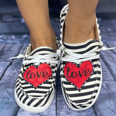 Women's Striped & Red Heart Pattern Boat Shoes