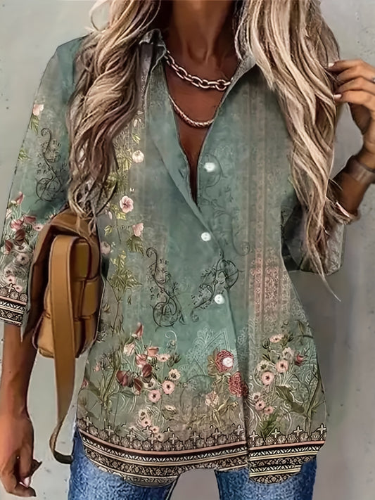 Floral Border Print Long Sleeve Lapel Collar Button Up Blouse