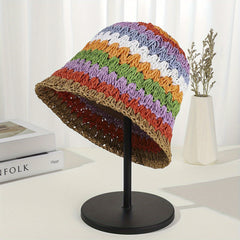 Rainbow Striped Bucket Hat Crochet Straw Sun Hat