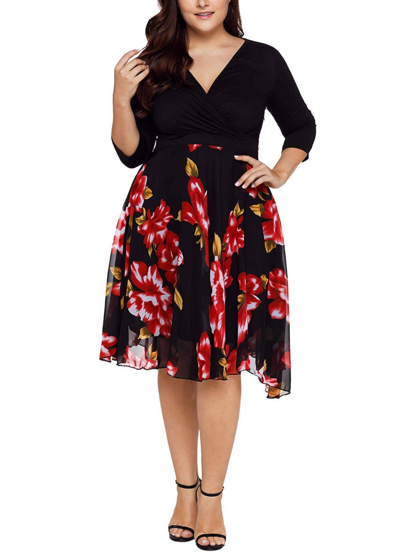 Plus Size Casual Dress Women's Plus Contrast Mesh Floral Print Midi Dress