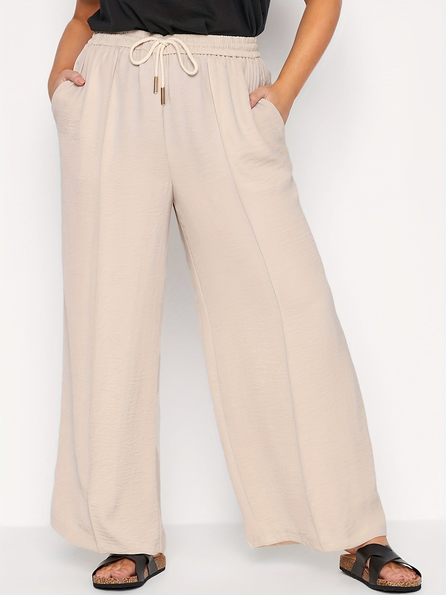 Women's Plus Wide Leg Pants Drawstring Elastic with Pockets