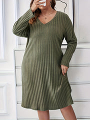  Solid Long Sleeve V Neck Ribbed Knit Sleep Dress