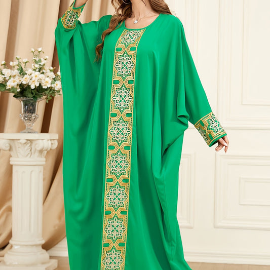  Solid Applique Batwing Sleeve Round Neck Maxi Dress
