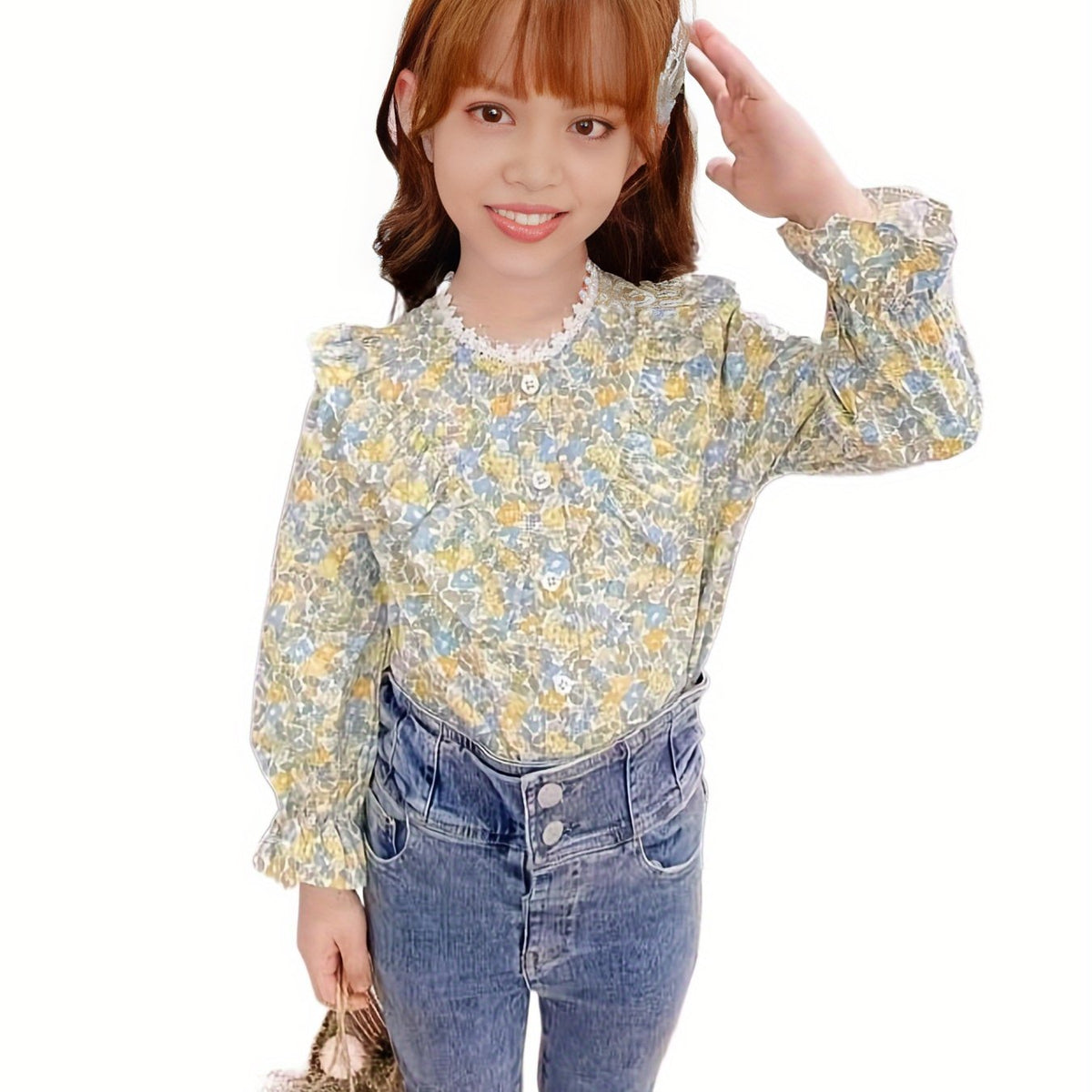 Girls Floral Print Long Sleeve Lace Collar Blouse Shirt
