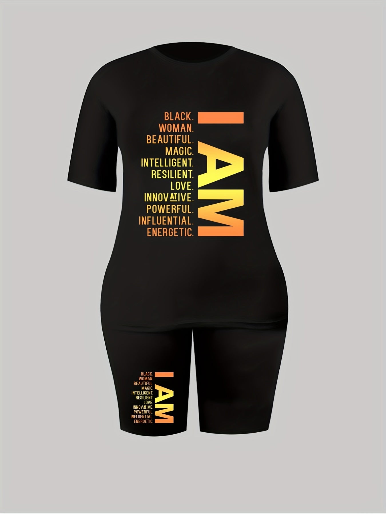 2pcs Set Women's Slogan Tee & Biker Shorts Outfits
