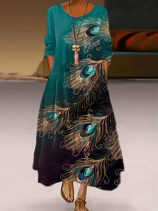 Peacock Print Long Sleeve Maxi Dress