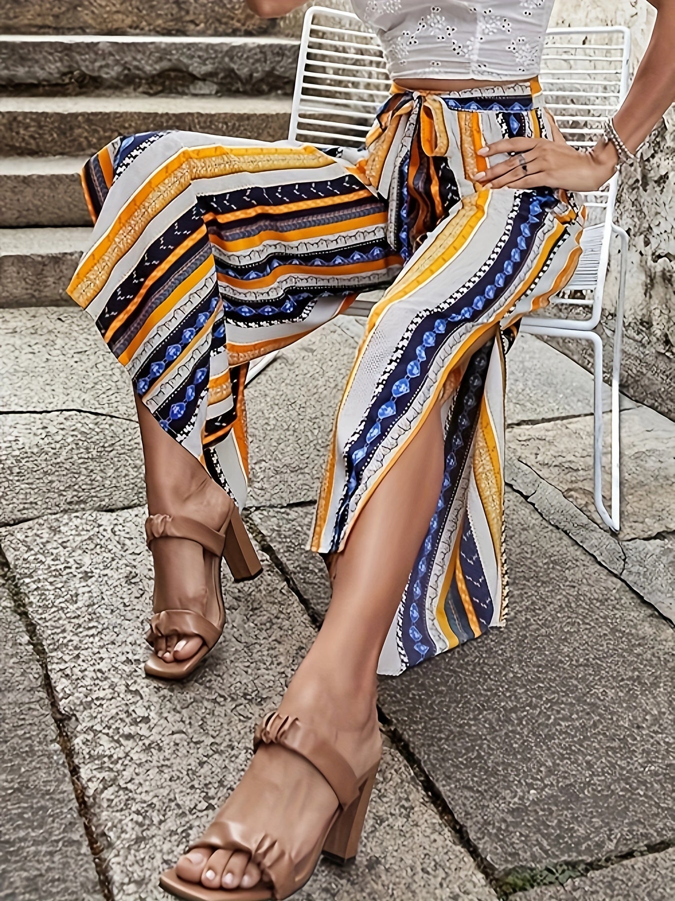  Patchwork Print High Rise Wide Leg Pants with Belt