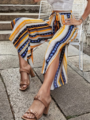  Patchwork Print High Rise Wide Leg Pants with Belt