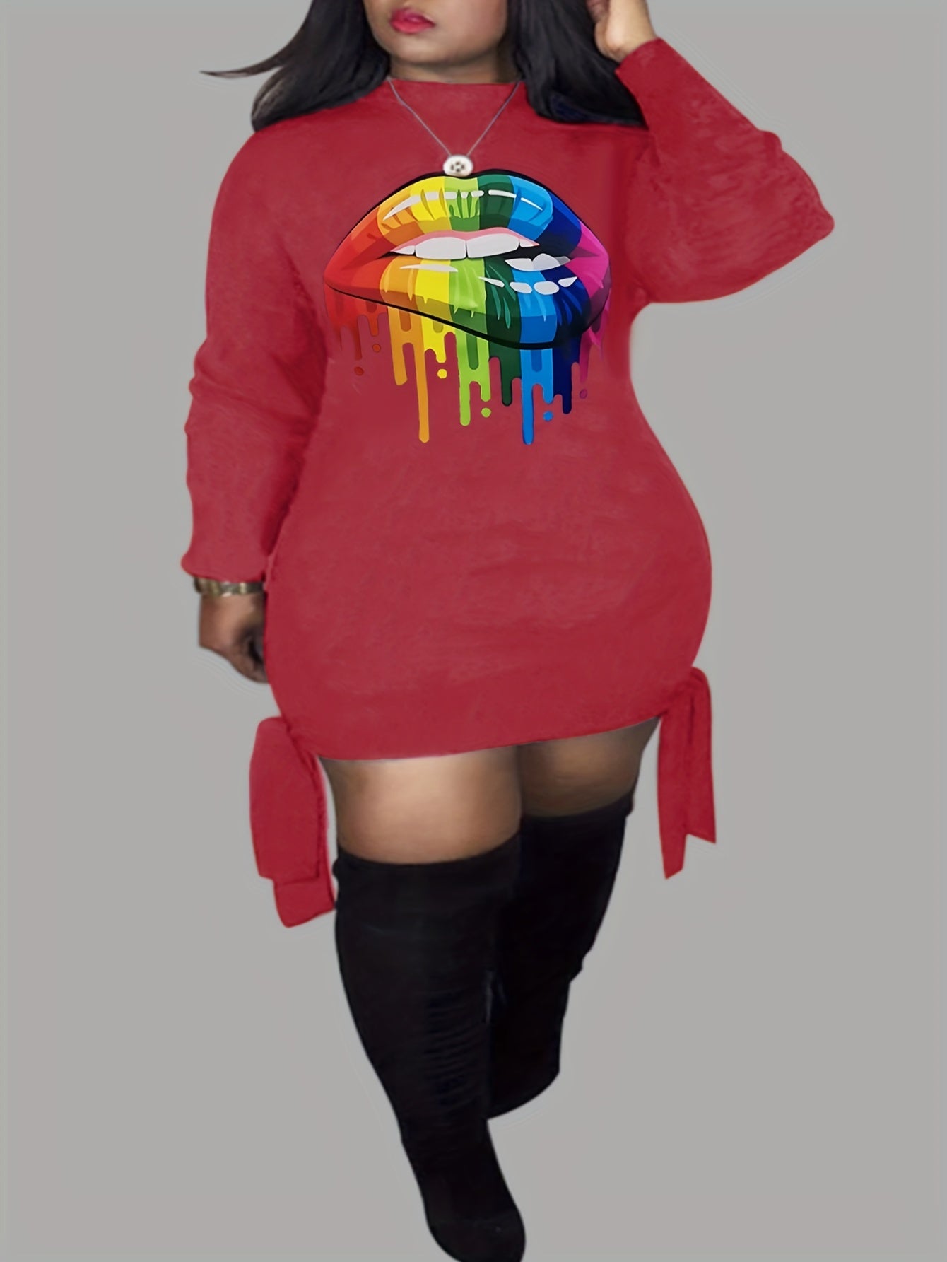  Lip Print Side Tie Long Sleeve Bodycon Midi Dress