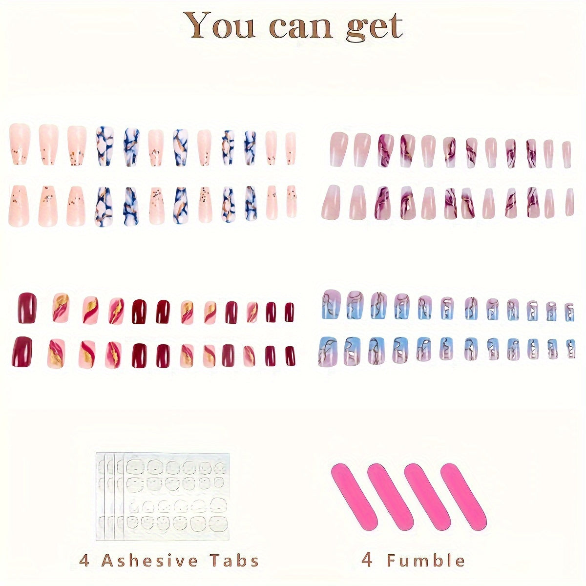 96 Pcs Marble Print Ballerina Press On Nails, Purple Hues