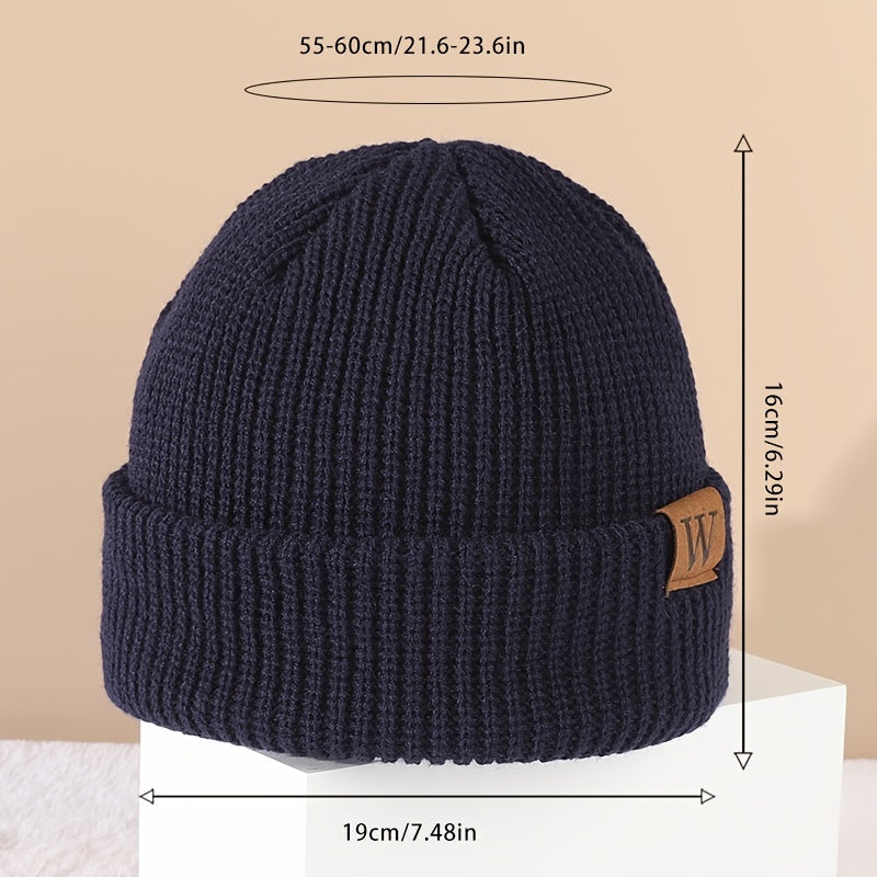 W Patch Knitted Beanie Casual Woolen Hat