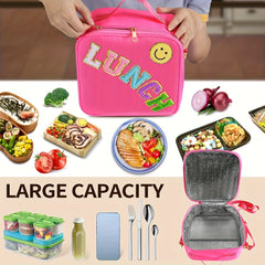 Preppy Insulated Lunch Bag with Adjustable Strap and Chenille Letter Patch
