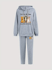  Cat & Slogan Print Hoodie & Sweatpants Set