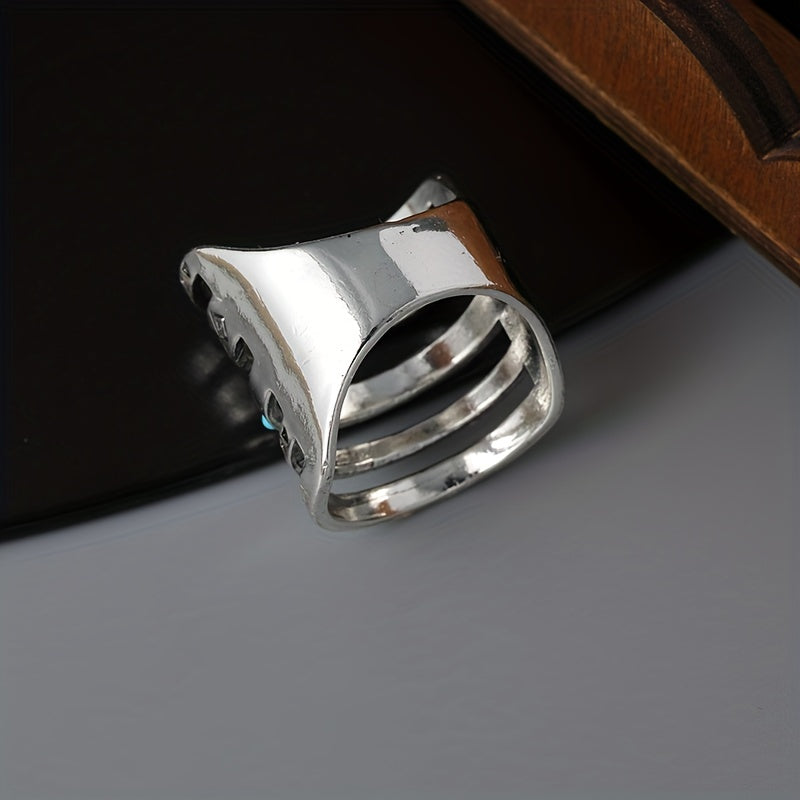 Vintage Wide Ring 925 Silver Plated Turquoise Inlaid Hollow Design