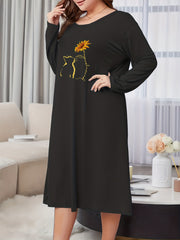  Sunflower & Cat Print Long Sleeve Casual Lounge Dress