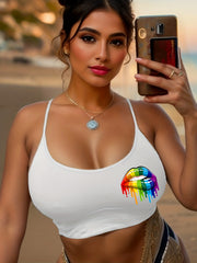 Rainbow Lips Print Cami Sleep Tops Sexy Crew Neck Sleeveless Top