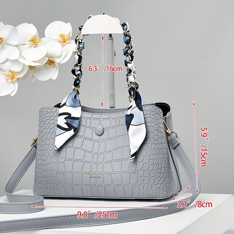 Crocodile Embossed Shoulder Bag with Scarf - Women's Satchel