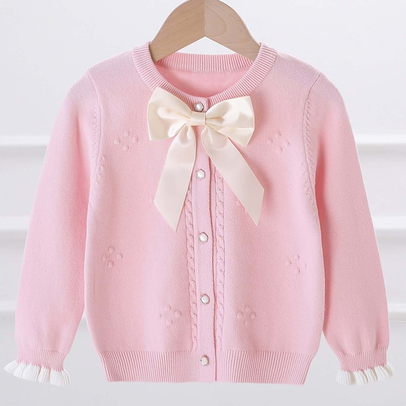 Girls Knitted Cardigan with Bow Knot and Pearl Button
