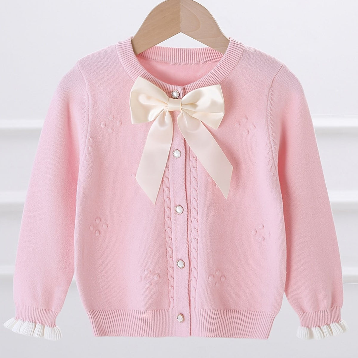 Girls Knitted Cardigan with Bow Knot and Pearl Button