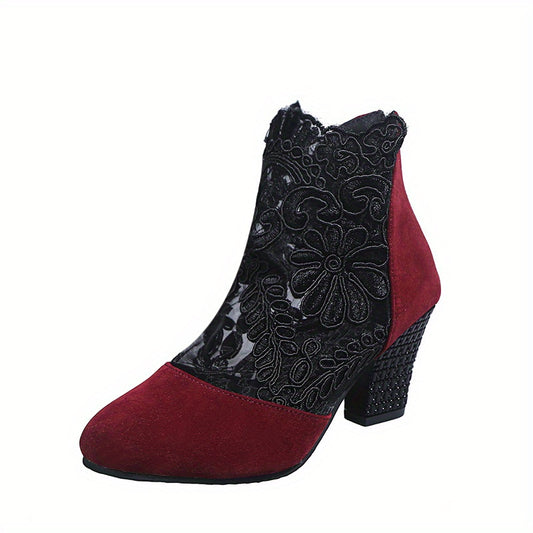 Floral Lace Ankle Boots Pointed Toe Hollow Out Back Zipper Chunky Heels