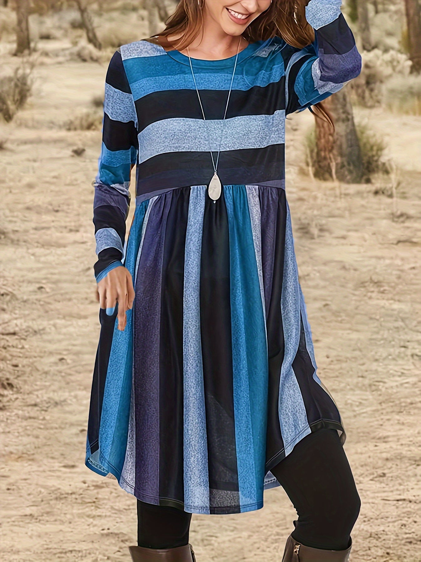  Colorblock Stripe Print Long Sleeve Round Neck Dress