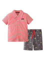 Cartoon Car Shorts & Striped T Shirt Set for Kids