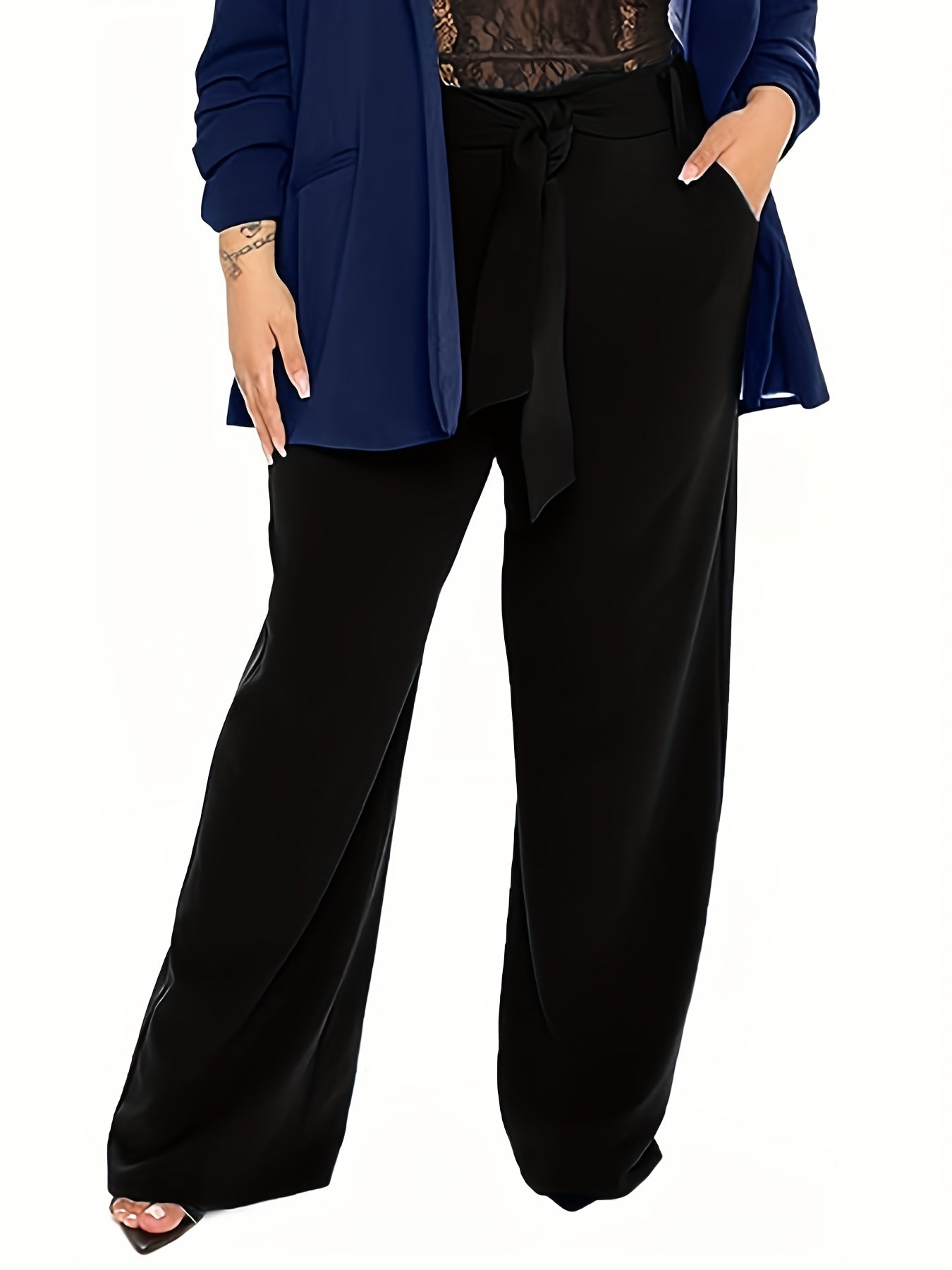 Women's Plus Solid High Waist Straight Leg Trousers