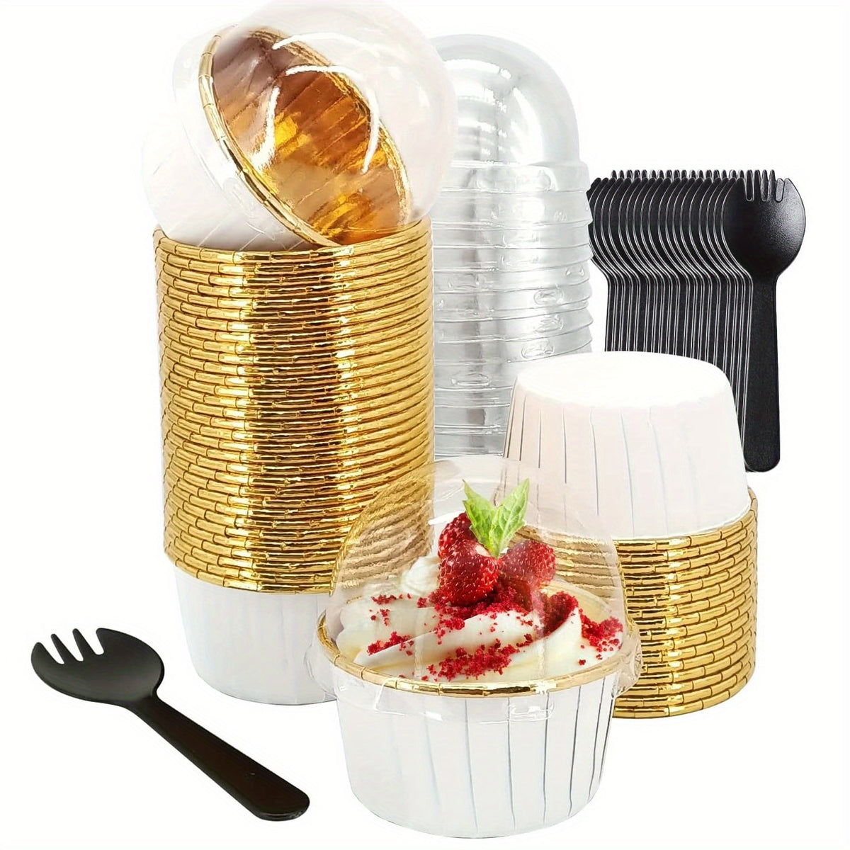 50pcs Disposable Muffin Cups With Lids, Spoons and Glossy Cupcake Liners