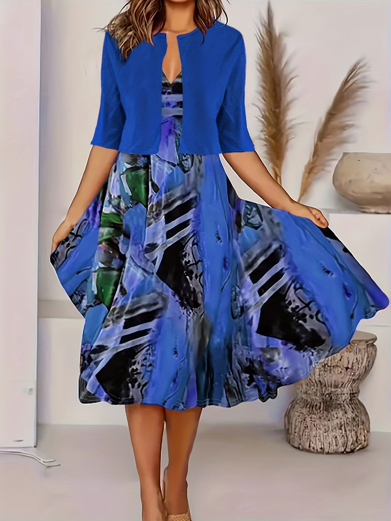 Two Piece Crop Top & Graphic Print Tank Dress Women's Outfit