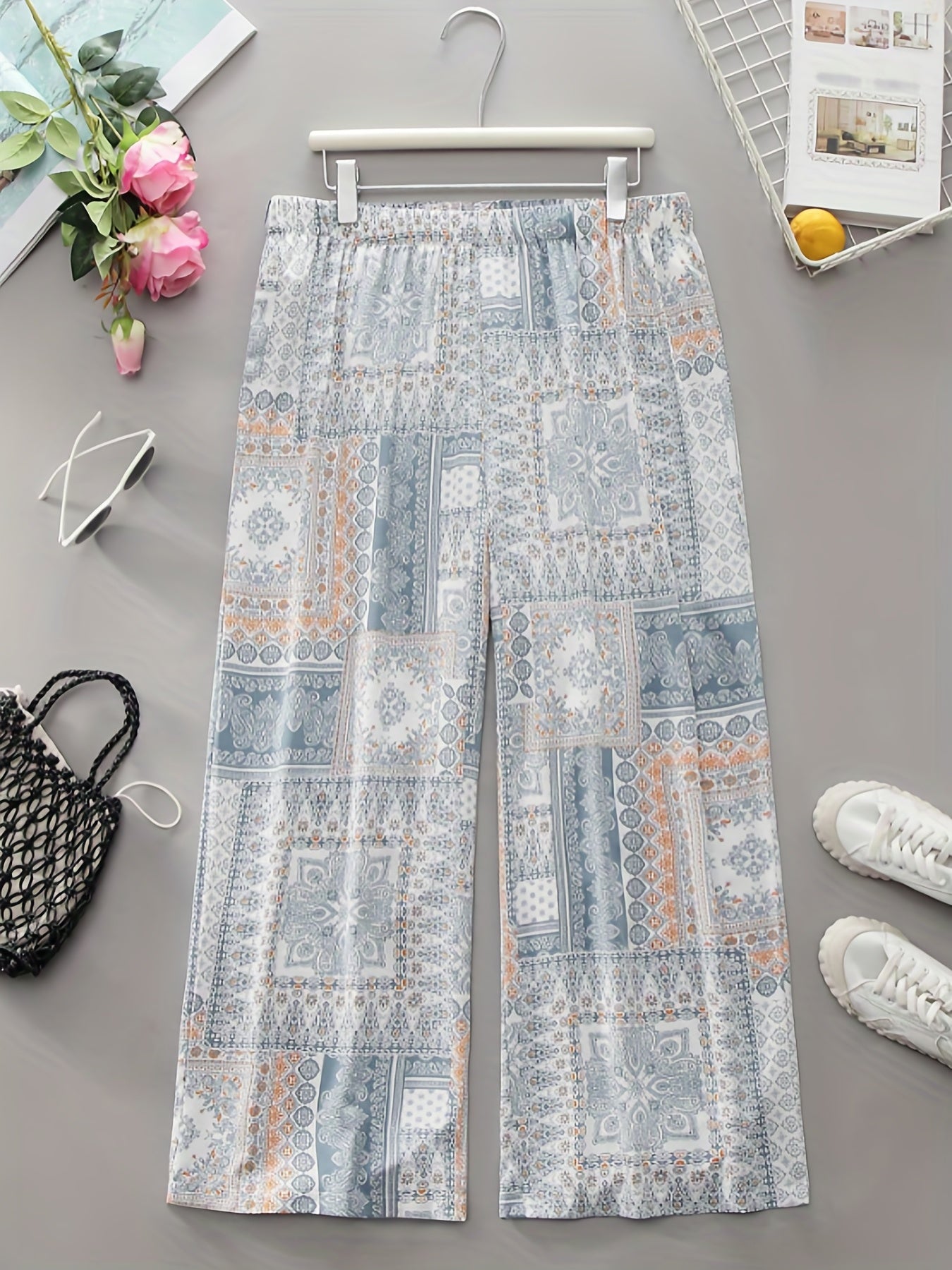  Boho Pants Women's Plus Paisley Print Straight Leg Pant