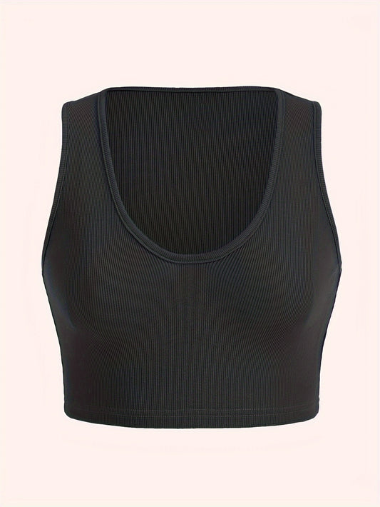  Ribbed Scoop Neck Stretch Crop Tank Top