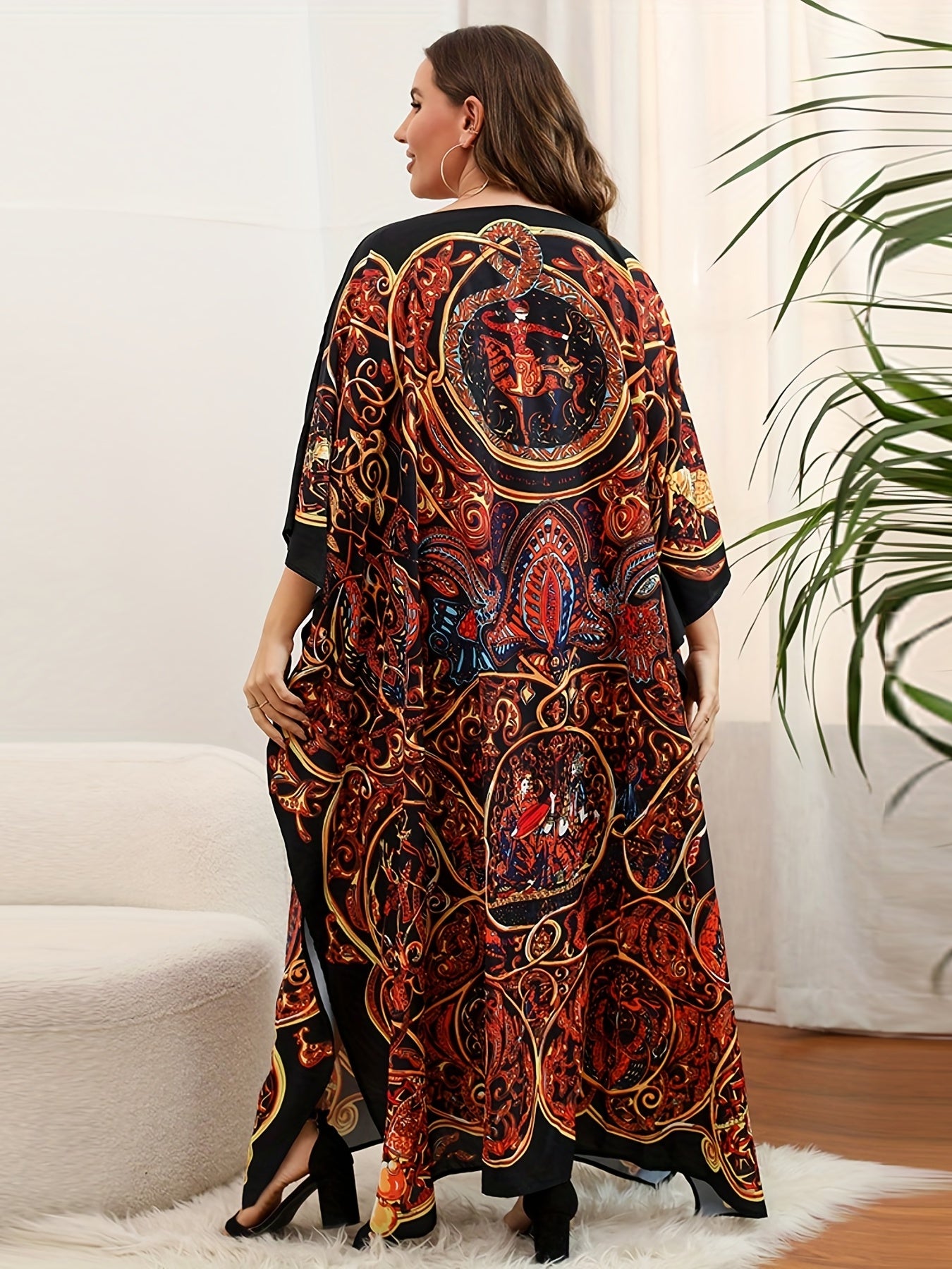  Boho Kimono Paisley Print Batwing Sleeve Maxi Cover Up