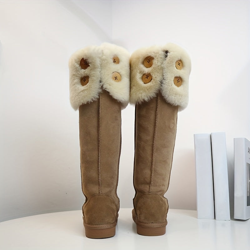 Women's Plush Snow Boots Slip On Leather Button Winter Boots