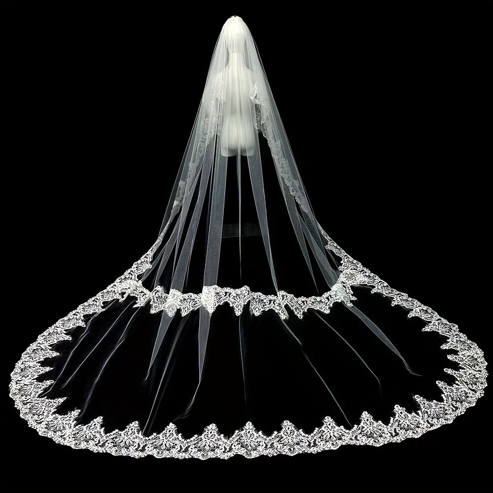 Royal Court Style Lace Bridal Tiara with Floral Pattern Train