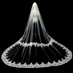 Royal Court Style Lace Bridal Tiara with Floral Pattern Train