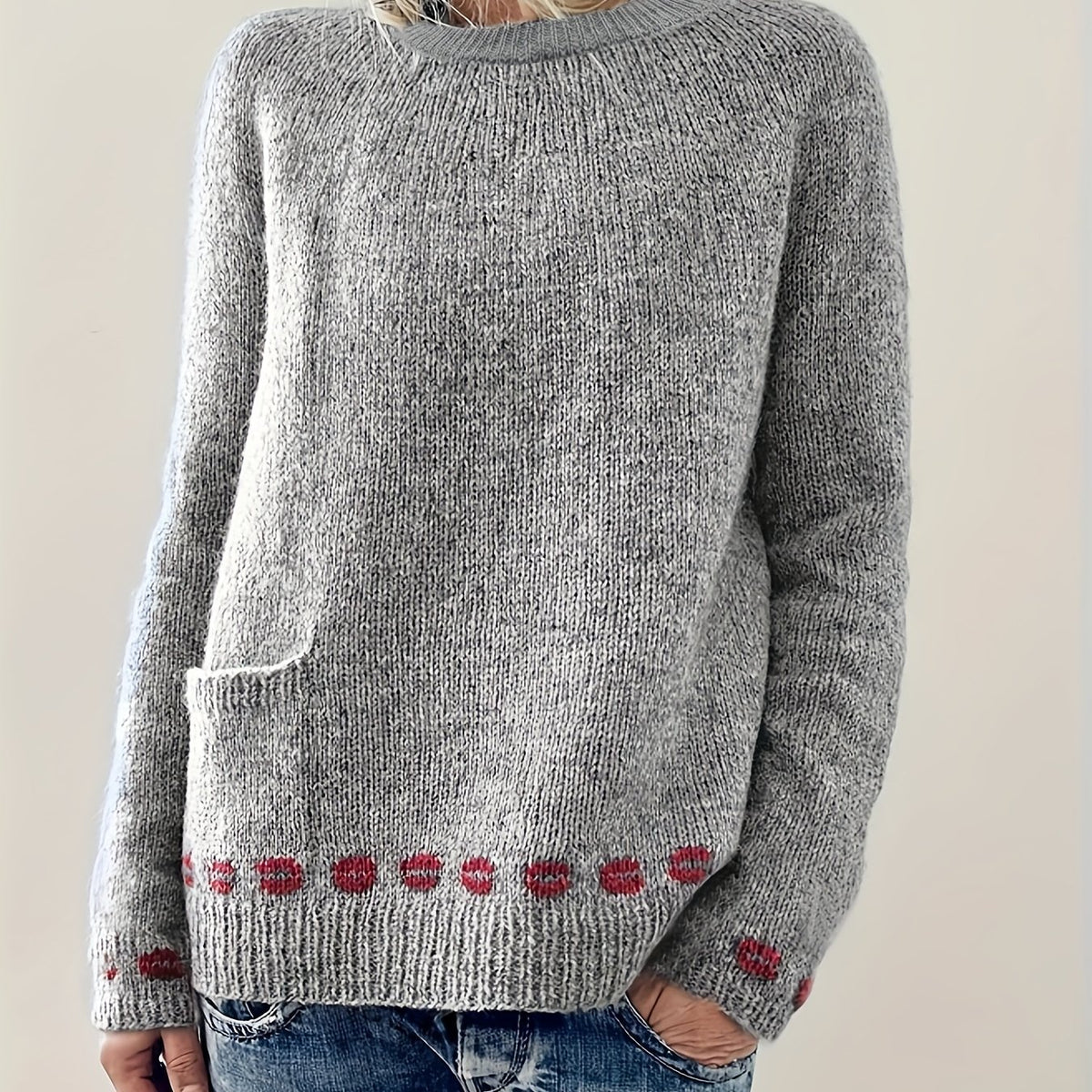 Lip Pattern Crew Neck Long Sleeve Sweater