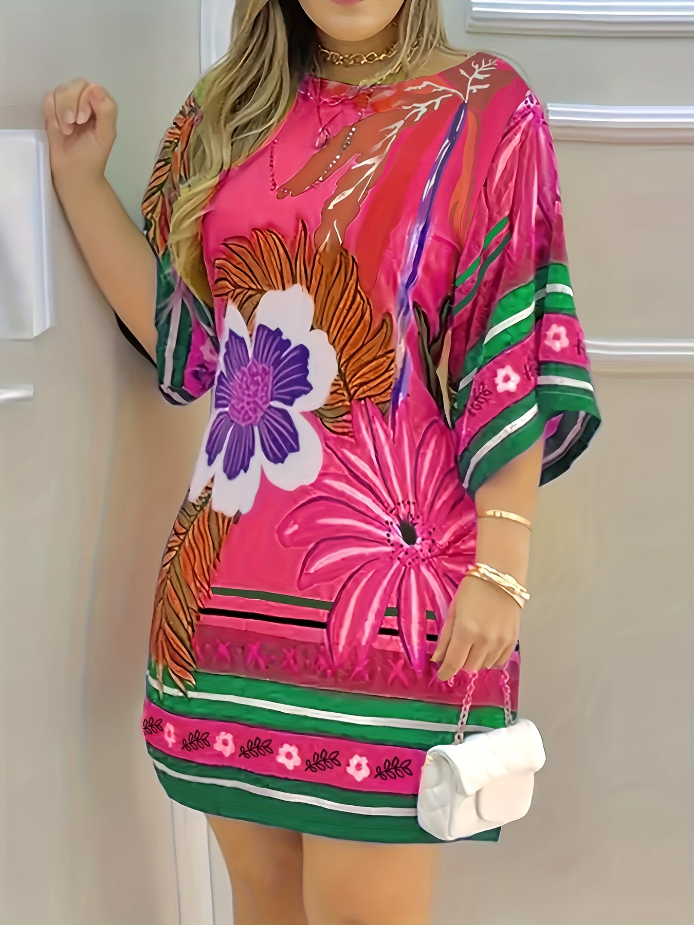 Plus Floral Print Half Sleeve Round Neck Tee Dress