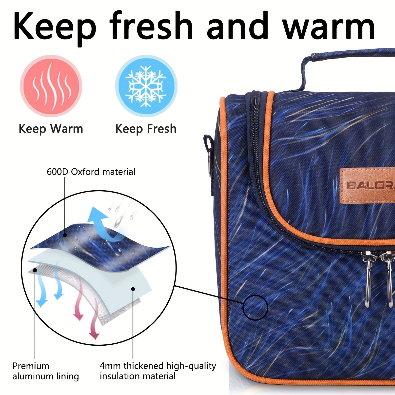 Stylish Insulated Lunch Bag with Hook & Loop Fastener Zipper & Shoulder Strap