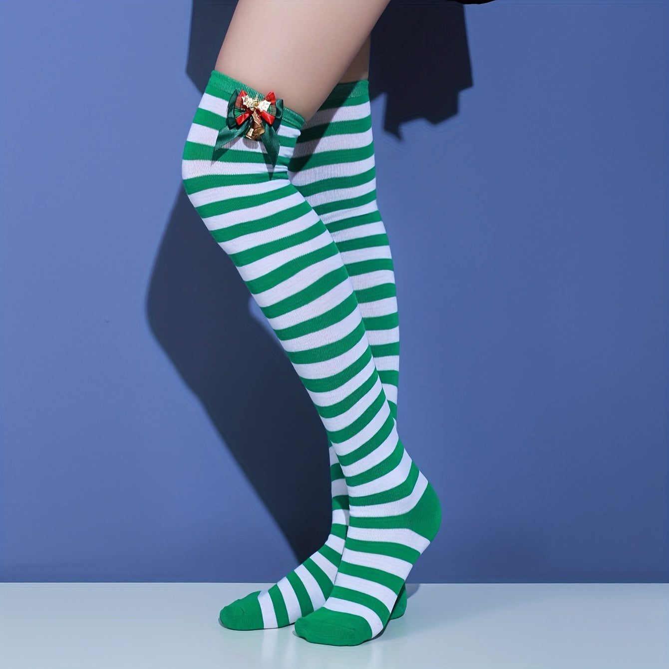 Striped Thigh High Socks Christmas Colorblock Over The Knee Socks