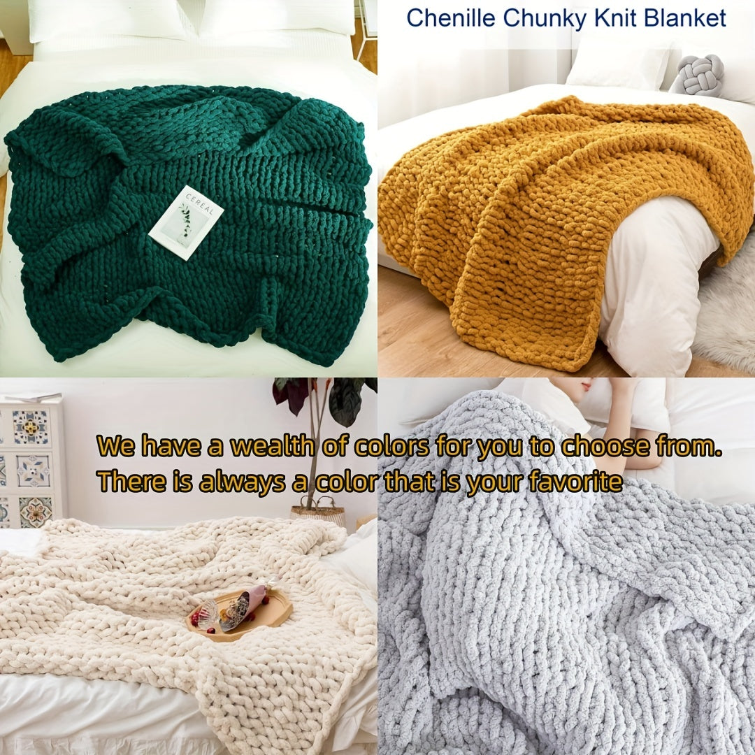 Chunky Knit Blanket Throw Chenille Yarn Cozy Thick Cable Knitted Blanket