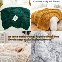 Chunky Knit Blanket Throw Chenille Yarn Cozy Thick Cable Knitted Blanket