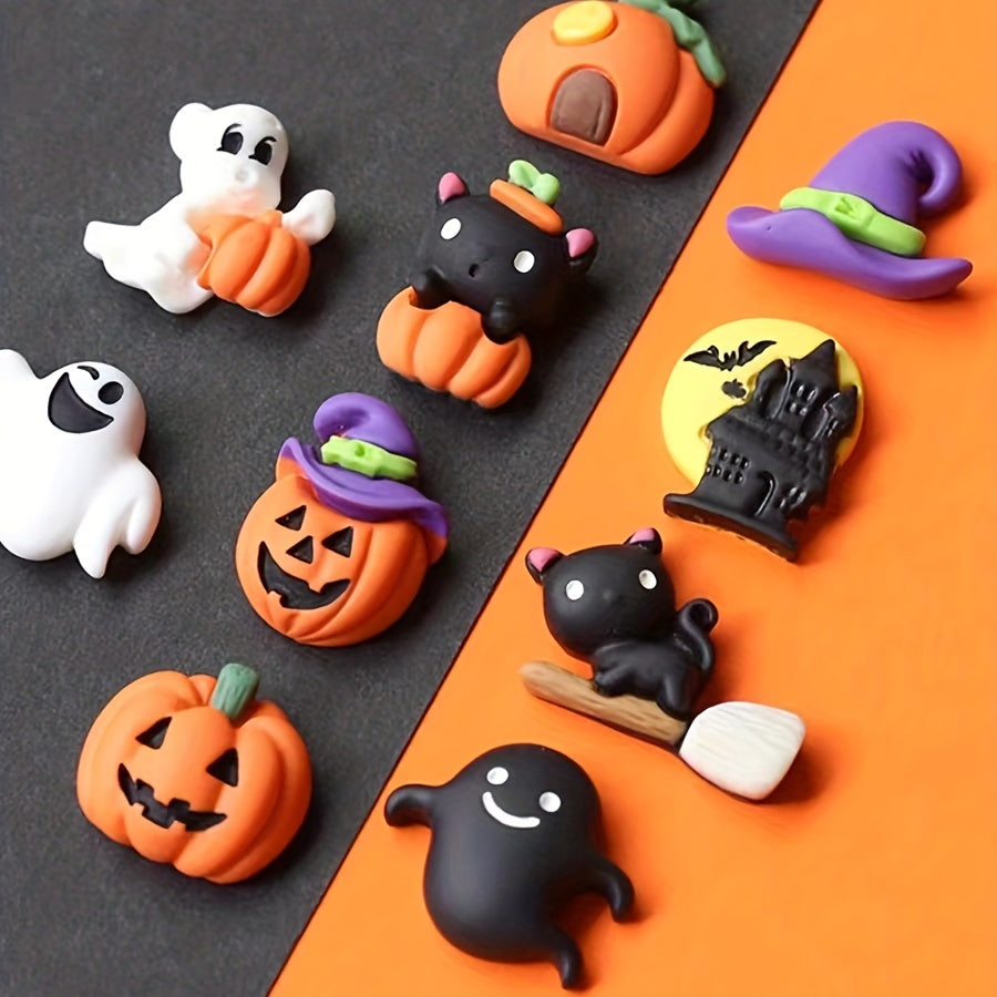 10pcs Halloween Resin Ornaments Charms Spider Skull Pumpkin Bat DIY Craft Decor