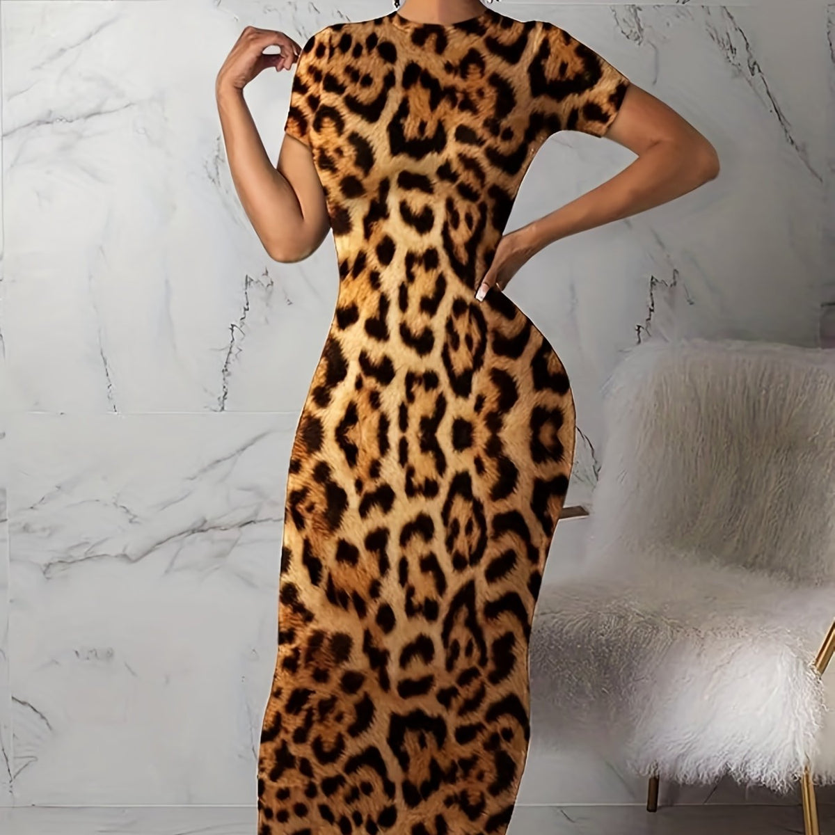  Leopard Print Short Sleeve Round Neck Skinny Dress