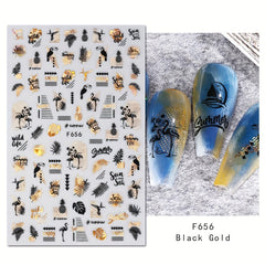 4 Sheets 3D Nail Art Stickers: Leaves/Flame Bird Adhesive Nail Decals