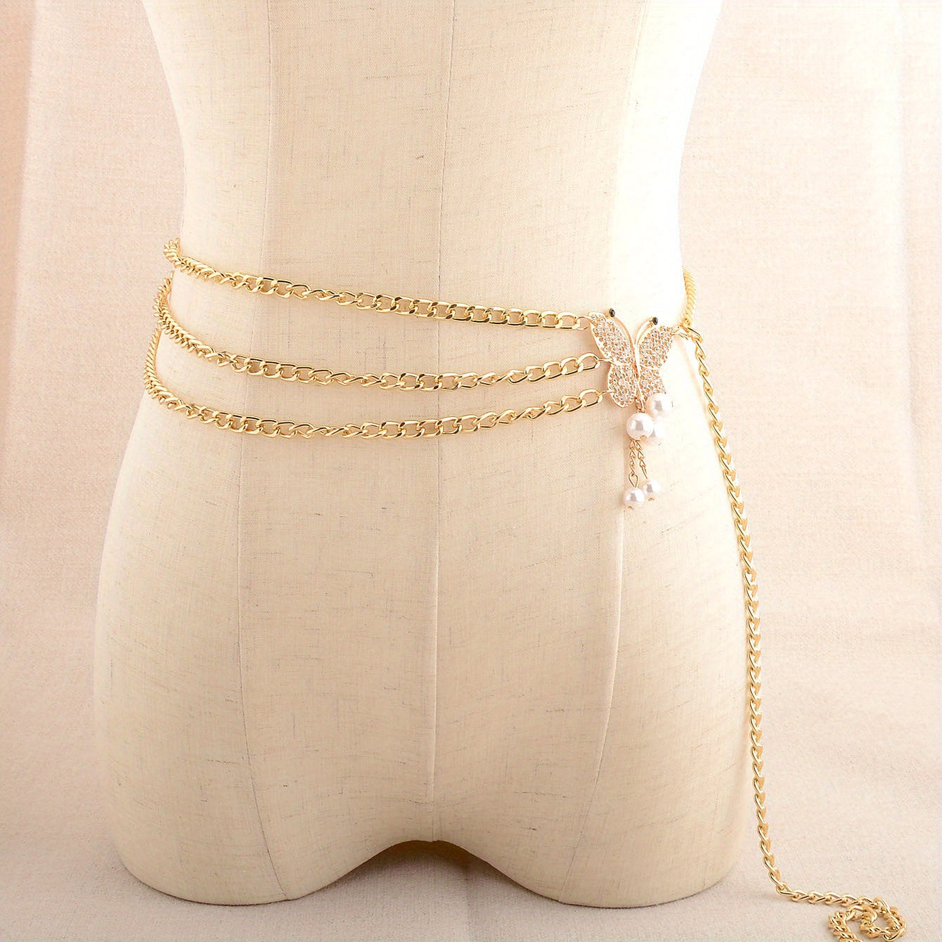 Golden Waist Chain Butterfly Buckle Faux Pearl Pendant Waistband for Women