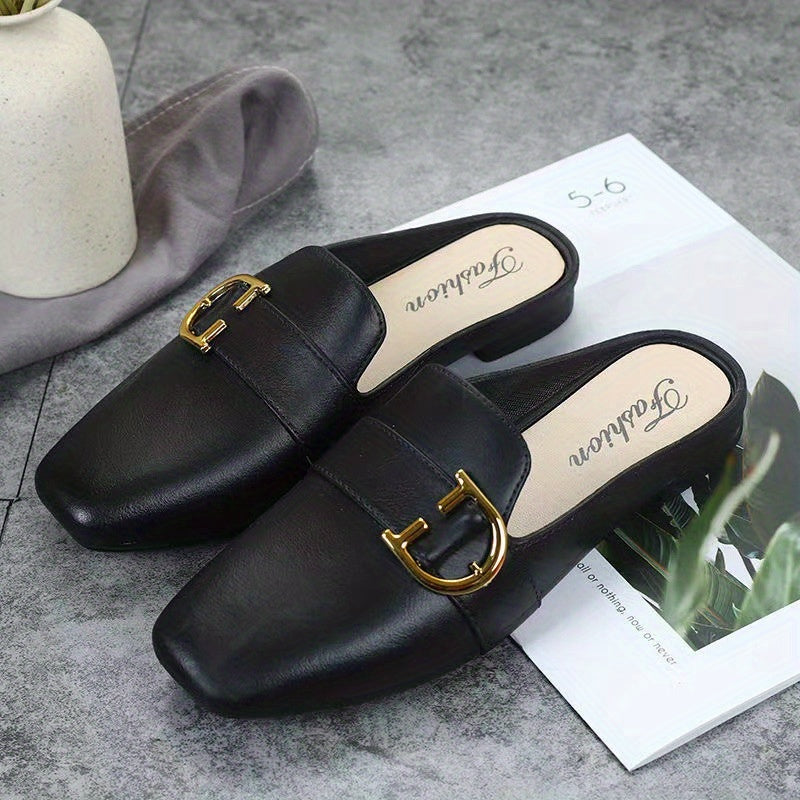 Square Toe Flat Mules with D Buckle Slip On Slide Shoes