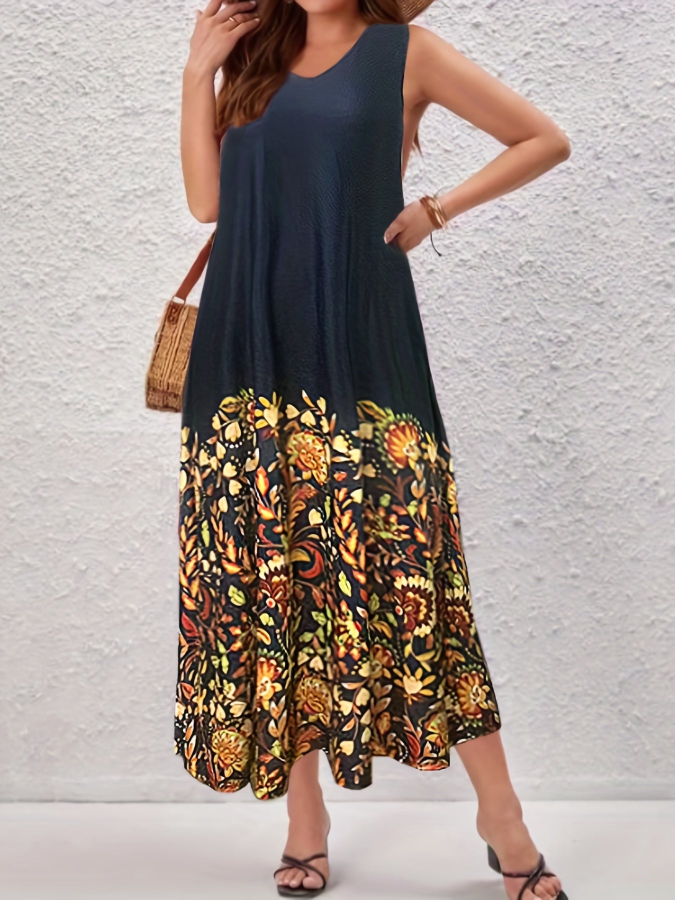  Colorblock Floral Print Tank Maxi Dress