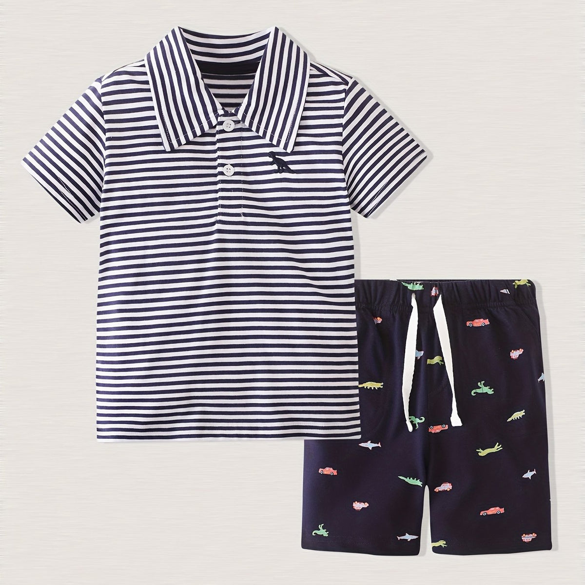 Cartoon Car Shorts & Striped T Shirt Set for Kids